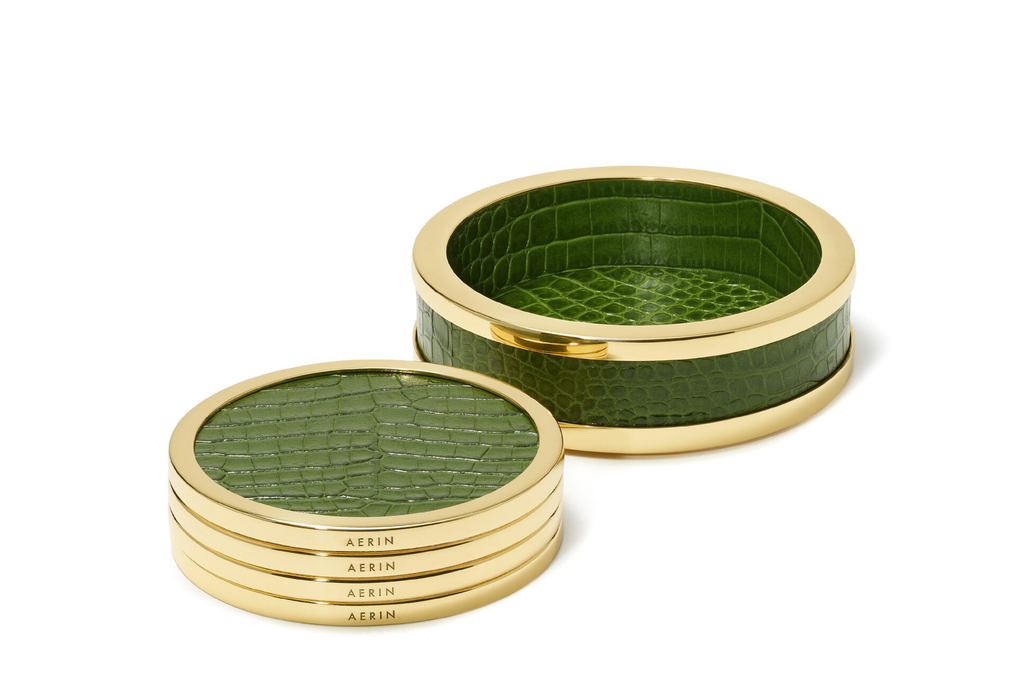 Classic Croc Leather Coaster Set, Verde